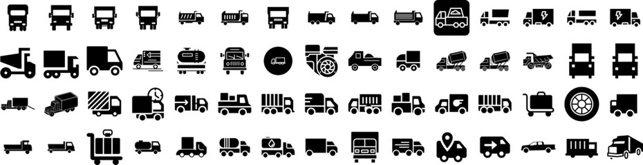 Set Of Truck Icons Isolated Silhouette Solid Icon With Transport, Delivery, Freight, Truck, Shipping, Cargo, Transportation Infographic Simple Vector Illustration Logo