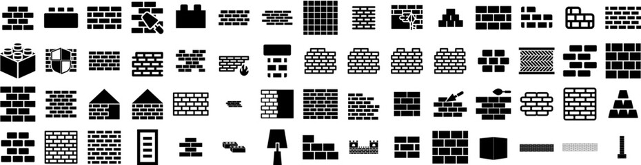 Set Of Brick Icons Isolated Silhouette Solid Icon With Grunge, Stone, Texture, Concrete, Wall, Vintage, Pattern Infographic Simple Vector Illustration Logo