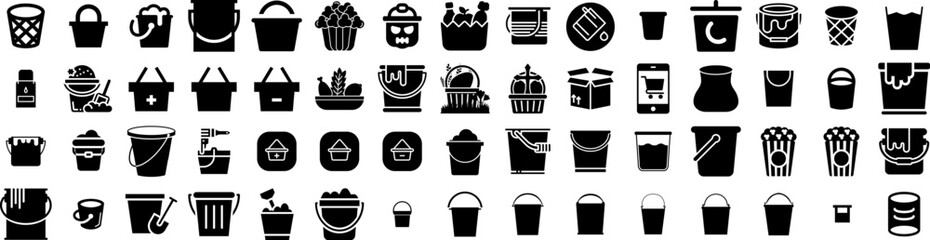 Set Of Bucket Icons Isolated Silhouette Solid Icon With Object, Cap, Bucket, White, Isolated, Background, Design Infographic Simple Vector Illustration Logo