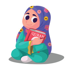 muslim girl sitting hugging quran book