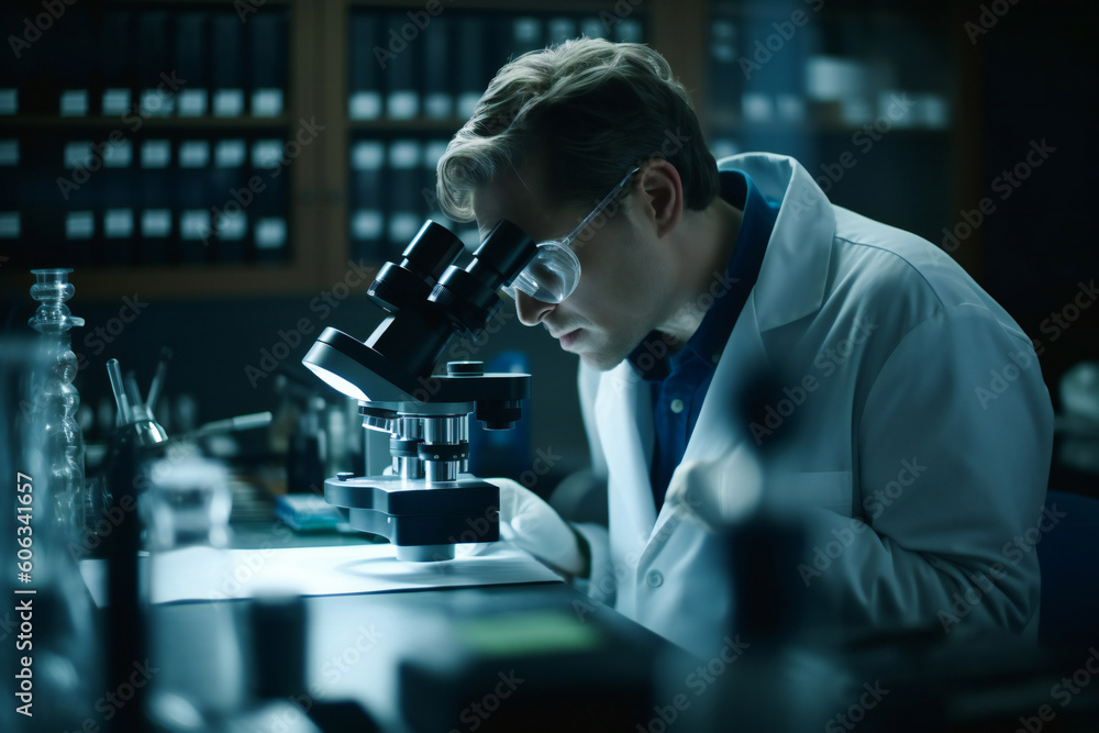 Poster scientist in a lab. research and experimenting concept. created with generative ai technology.
