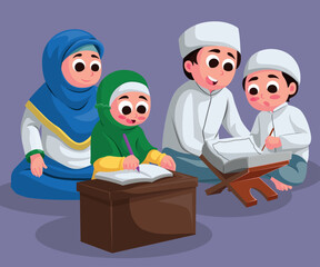harmonious muslim family is learning to read quran. parents teach their children to read the quran