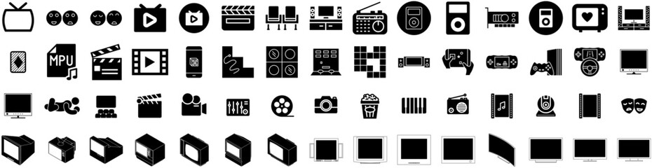 Set Of Entertainment Icons Isolated Silhouette Solid Icon With Icon, Video, Entertainment, Theater, Music, Illustration, Cinema Infographic Simple Vector Illustration Logo