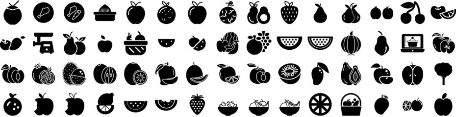 Set Of Fruits Icons Isolated Silhouette Solid Icon With Orange, Food, Diet, Fresh, Fruit, Organic, Healthy Infographic Simple Vector Illustration Logo