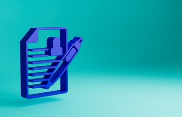 Blue Resume icon isolated on blue background. CV application. Searching professional staff. Analyzing personnel resume. Minimalism concept. 3D render illustration