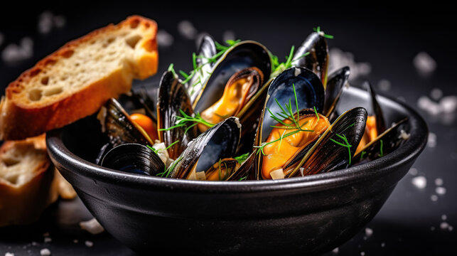 Portion of mussels served with a glass of white wine. Generative AI