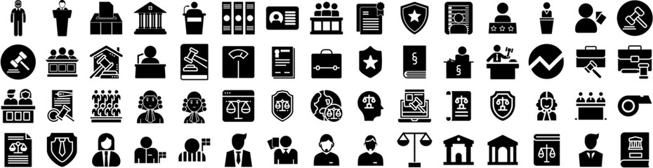 Set Of Judge Icons Isolated Silhouette Solid Icon With Legal, Justice, Law, Court, Judge, Verdict, Punishment Infographic Simple Vector Illustration Logo - obrazy, fototapety, plakaty