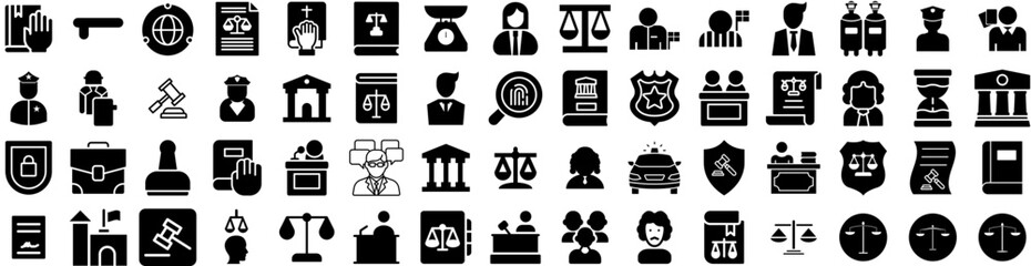 Set Of Justice Icons Isolated Silhouette Solid Icon With Lawyer, Judge, Balance, Legal, Court, Justice, Law Infographic Simple Vector Illustration Logo