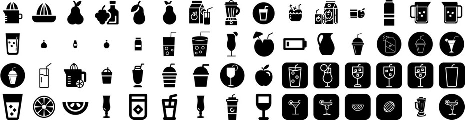 Set Of Juice Icons Isolated Silhouette Solid Icon With Fresh, Juice, Healthy, Beverage, Fruit, Orange, Drink Infographic Simple Vector Illustration Logo