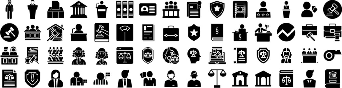Set Of Judge Icons Isolated Silhouette Solid Icon With Legal, Justice, Law, Court, Judge, Verdict, Punishment Infographic Simple Vector Illustration Logo