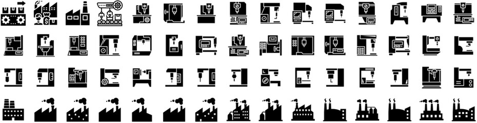 Set Of Manufacturing Icons Isolated Silhouette Solid Icon With Engineering, Production, Technology, Industrial, Factory, Manufacturing, Industry Infographic Simple Vector Illustration Logo