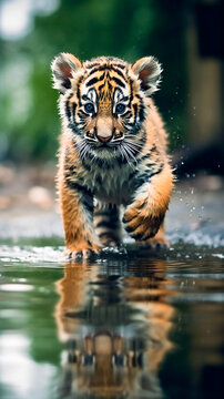 Cute baby tiger running through the water in wilderness. Created with Generative AI technology.