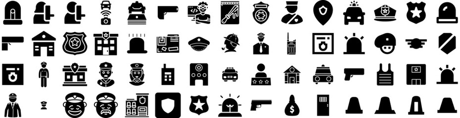 Set Of Police Icons Isolated Silhouette Solid Icon With Police, Emergency, Law, Car, Crime, Vehicle, Officer Infographic Simple Vector Illustration Logo