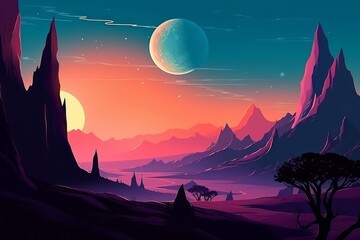 A desert landscape with a planet and a sun. Generative AI