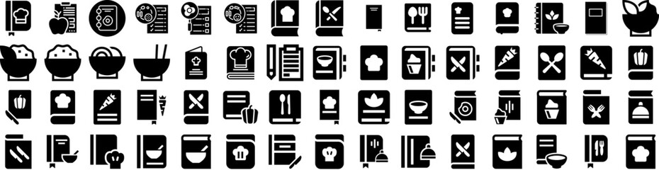 Set Of Recipe Icons Isolated Silhouette Solid Icon With Food, Kitchen, Cook, Cooking, Book, Preparation, Recipe Infographic Simple Vector Illustration Logo