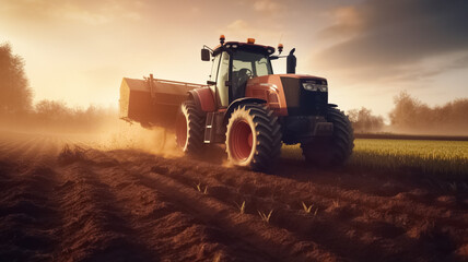 Rural seasonal works on farm land by industrial farming machinery or tractor on nature field at sunset. Agricultural cultivation for production organic food. 