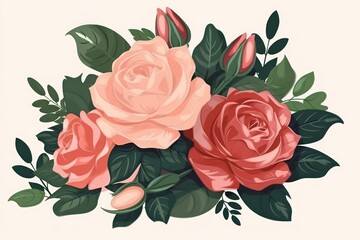 A floral illustration of a bouquet of roses with leaves. Generative AI