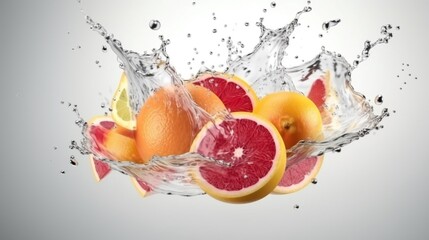Fruit splashing into water on a white background. Generative AI.
