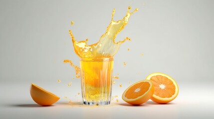 Fototapeta na wymiar Orange juice splashing out of a glass. Generative AI.