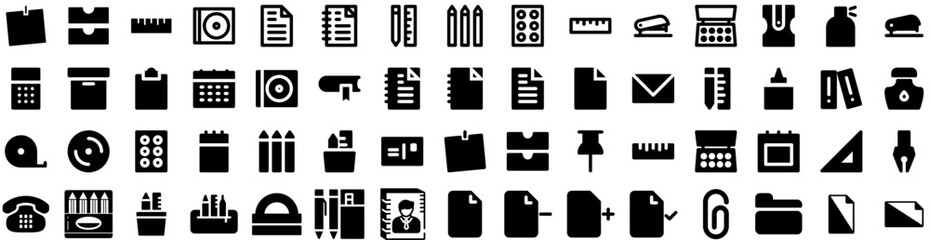 Set Of Stationary Icons Isolated Silhouette Solid Icon With Set, Stationary, Design, Corporate, Business, Template, Stationery Infographic Simple Vector Illustration Logo