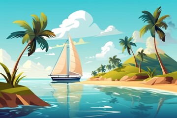 Fototapeta na wymiar A sailboat is sailing on the water in front of a beach, tropical island illustration. Generative AI