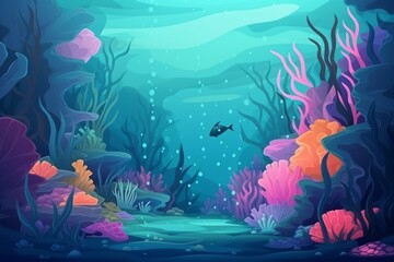 Illustration of underwater scene with reef and fishes. Generative AI