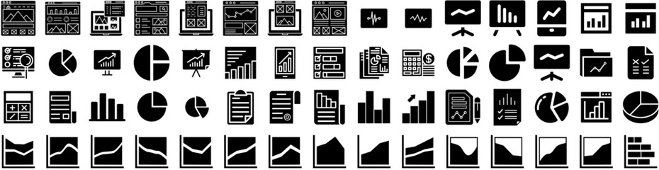 Set Of Stats Icons Isolated Silhouette Solid Icon With Graph, Illustration, Chart, Business, Stats, Data, Diagram Infographic Simple Vector Illustration Logo