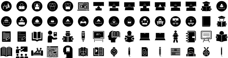Set Of Studying Icons Isolated Silhouette Solid Icon With University, Education, Student, School, College, Learning, Study Infographic Simple Vector Illustration Logo