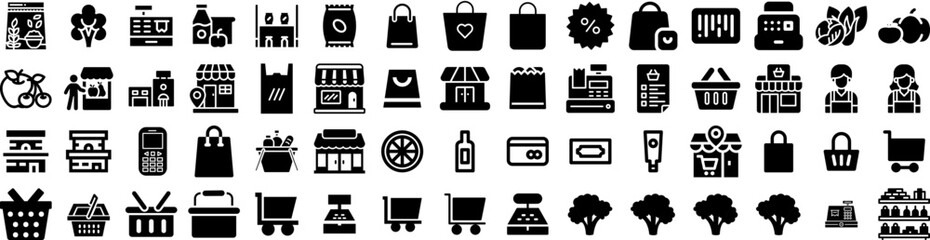 Set Of Supermarket Icons Isolated Silhouette Solid Icon With Purchase, Retail, Shop, Market, Grocery, Store, Supermarket Infographic Simple Vector Illustration Logo