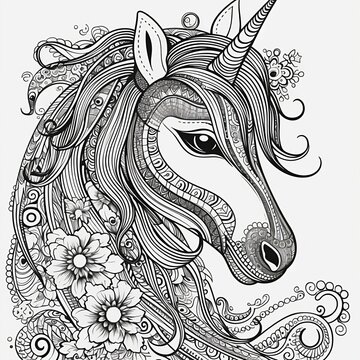 Unicorn with mandala-style patterns and floral decorations 