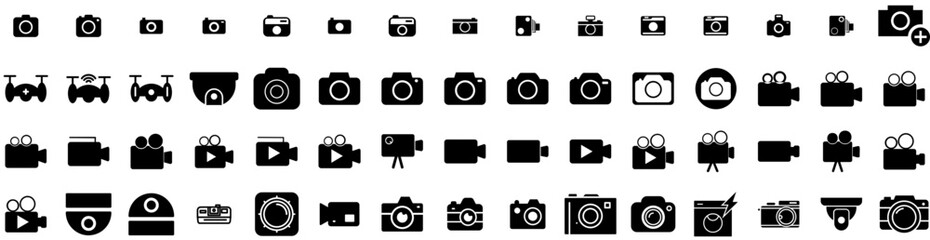 Set Of Camera Icons Isolated Silhouette Solid Icon With Photography, Camera, Digital, Lens, Illustration, Equipment, Photo Infographic Simple Vector Illustration Logo