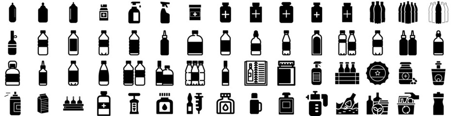 Set Of Bottle Icons Isolated Silhouette Solid Icon With Vector, Container, Bottle, Drink, White, Isolated, Design Infographic Simple Vector Illustration Logo