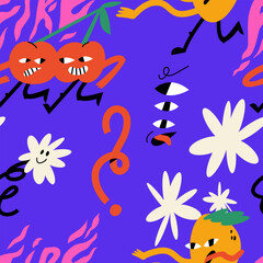 Obraz premium Vector illustration set groovy characters with happy faces. Seamless pattern.