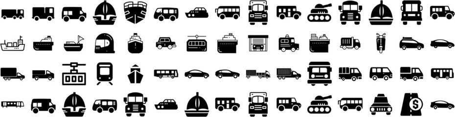 Set Of Transportation Icons Isolated Silhouette Solid Icon With Transportation, Plane, Ship, Transport, Traffic, Cargo, Truck Infographic Simple Vector Illustration Logo