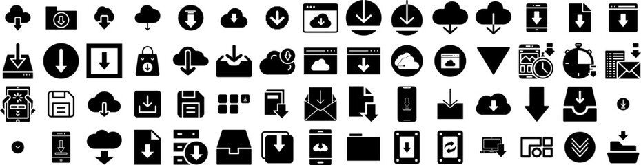 Set Of Download Icons Isolated Silhouette Solid Icon With Button, File, App, Download, Icon, Vector, Web Infographic Simple Vector Illustration Logo