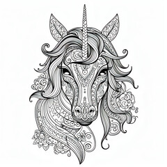 Unicorn with mandala-style patterns and floral decorations 