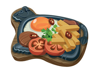 Vector illustration of the popular steak dish, premium cuts of meat, french fries, vegetables and eggs