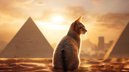 Photo of a Abyssinian cat in front of the Giza pyramids, Generative AI