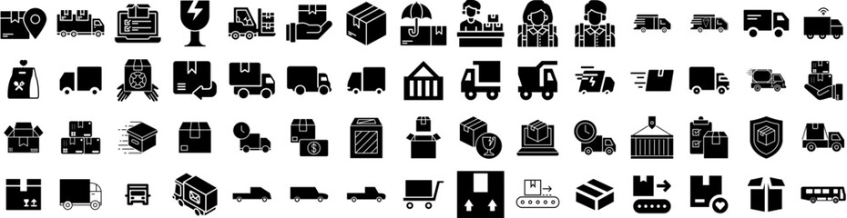 Set Of Delivery Icons Isolated Silhouette Solid Icon With Transport, Courier, Shipping, Fast, Delivery, Service, Order Infographic Simple Vector Illustration Logo
