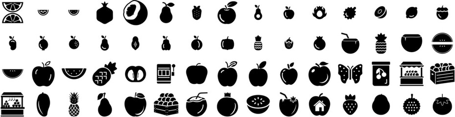 Set Of Fruit Icons Isolated Silhouette Solid Icon With Healthy, Diet, Orange, Food, Fruit, Fresh, Organic Infographic Simple Vector Illustration Logo