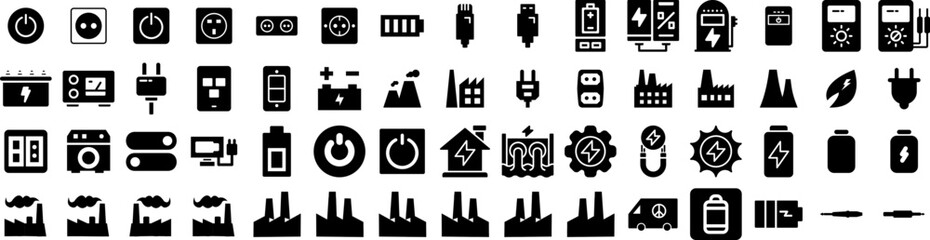 Fototapeta na wymiar Set Of Power Icons Isolated Silhouette Solid Icon With Illustration, Electricity, Energy, Power, Station, Vector, Electric Infographic Simple Vector Illustration Logo