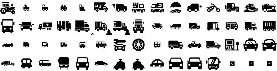 Set Of Vehicle Icons Isolated Silhouette Solid Icon With Auto, Power, Technology, Vehicle, Car, Transport, Battery Infographic Simple Vector Illustration Logo