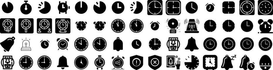 Set Of Alarm Icons Isolated Silhouette Solid Icon With Alarm, Object, Isolated, Reminder, Symbol, Bell, Alert Infographic Simple Vector Illustration Logo