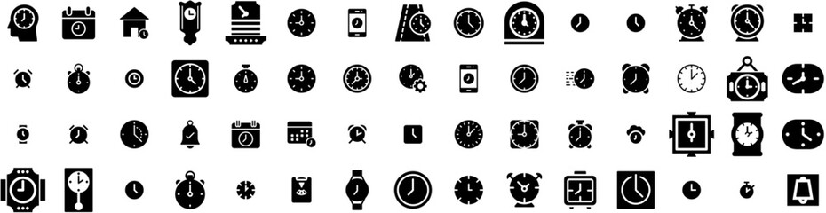 Set Of Clock Icons Isolated Silhouette Solid Icon With Timer, Alarm, Clock, Watch, Hour, Time, Icon Infographic Simple Vector Illustration Logo