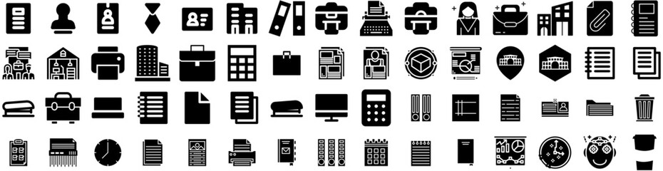 Set Of Office Icons Isolated Silhouette Solid Icon With Modern, Work, Desk, Office, Business, Table, Computer Infographic Simple Vector Illustration Logo