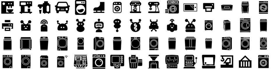 Set Of Machine Icons Isolated Silhouette Solid Icon With Machine, Laundry, Isolated, Equipment, Household, Background, Technology Infographic Simple Vector Illustration Logo