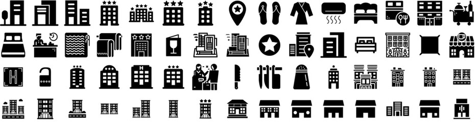 Fototapeta na wymiar Set Of Hotel Icons Isolated Silhouette Solid Icon With Room, Travel, Woman, Hotel, Service, Vacation, Bed Infographic Simple Vector Illustration Logo