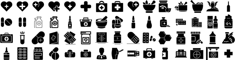 Set Of Medicine Icons Isolated Silhouette Solid Icon With Medicine, Medical, Health, Pharmacy, Prescription, Drug, Treatment Infographic Simple Vector Illustration Logo