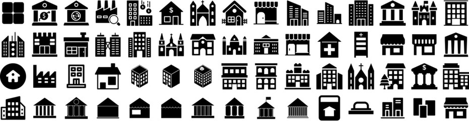 Set Of Building Icons Isolated Silhouette Solid Icon With Building, City, Urban, Architecture, Construction, Business, Office Infographic Simple Vector Illustration Logo