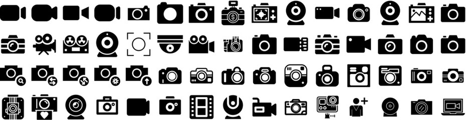 Set Of Camera Icons Isolated Silhouette Solid Icon With Illustration, Photo, Lens, Camera, Photography, Digital, Equipment Infographic Simple Vector Illustration Logo